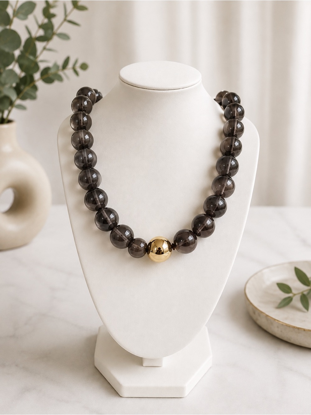 Smoky Glass Chunky Bead Statement Necklace with Gold Accent - Women Jewelry